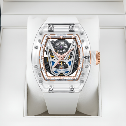 CRONUSART CM001-037 automatic skeleton mechanical watch displayed in its presentation box with transparent case