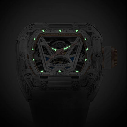 Low-light view of the CRONUSART CM001-037 skeleton dial showing luminous hands and markers