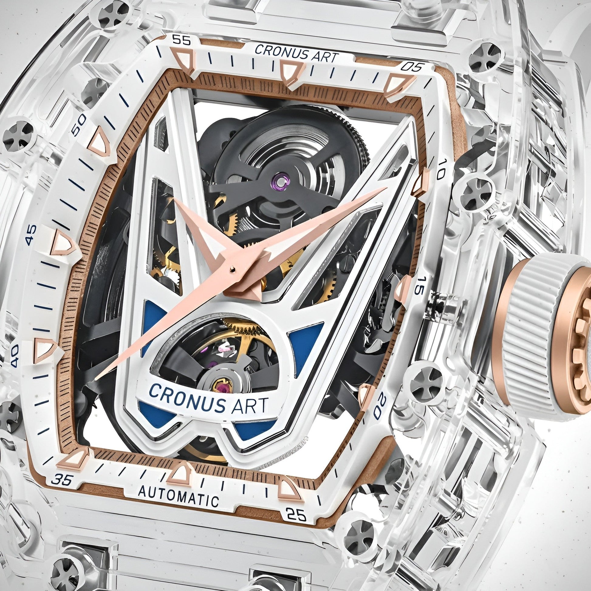 Macro close-up of the CRONUSART CM001-037 skeleton victory dial revealing gears, bridges, and mechanical architecture