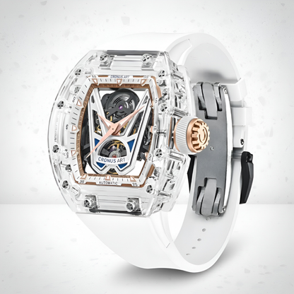 Angled view of the CRONUSART CM001-037 automatic skeleton mechanical watch highlighting transparent case and fluororubber strap