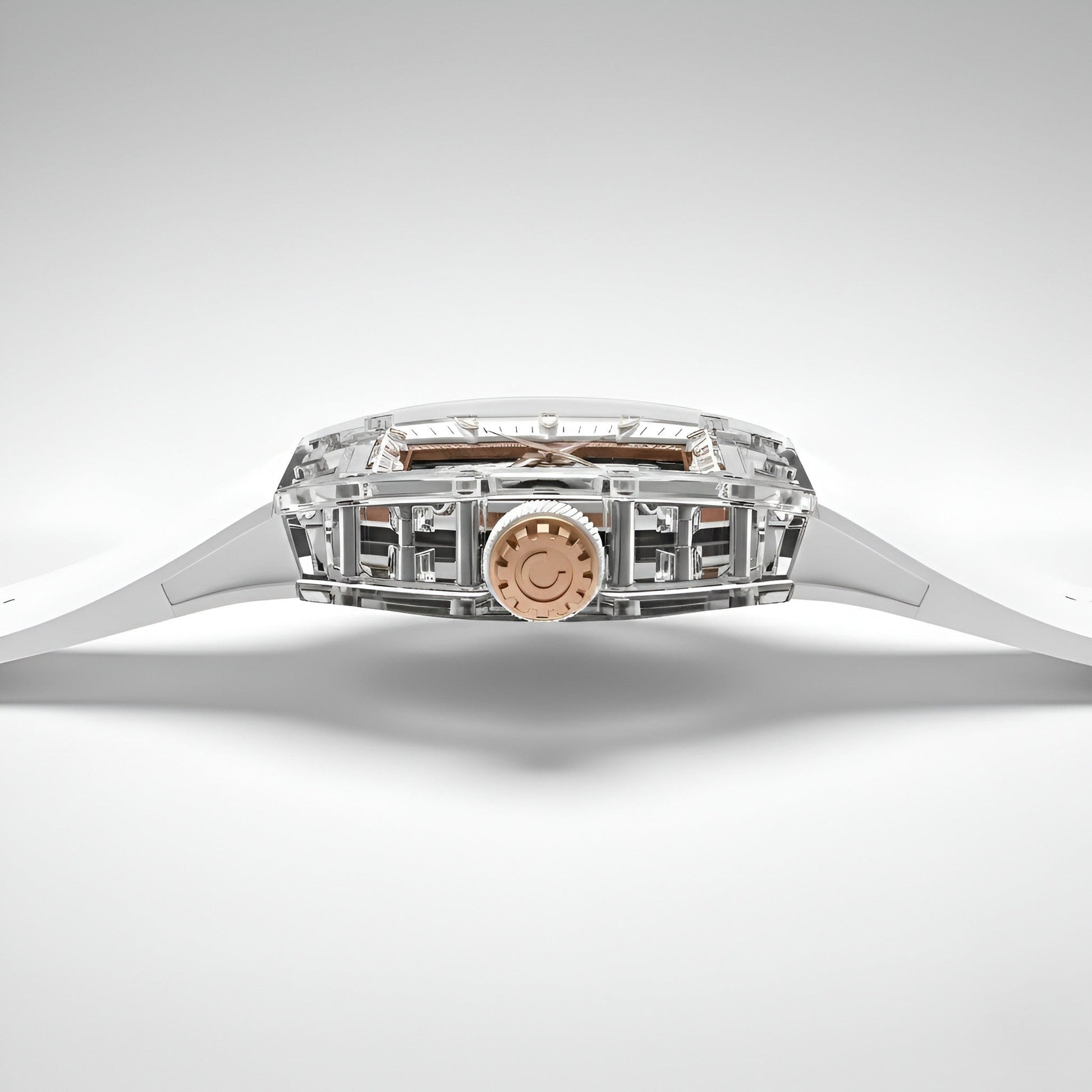 Side profile of the CRONUSART CM001-037 automatic mechanical watch showing transparent acrylic tonneau case thickness