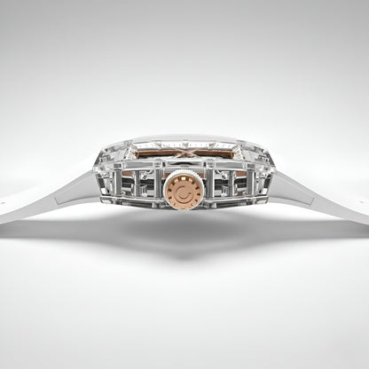 Side profile of the CRONUSART CM001-037 automatic mechanical watch showing transparent acrylic tonneau case thickness