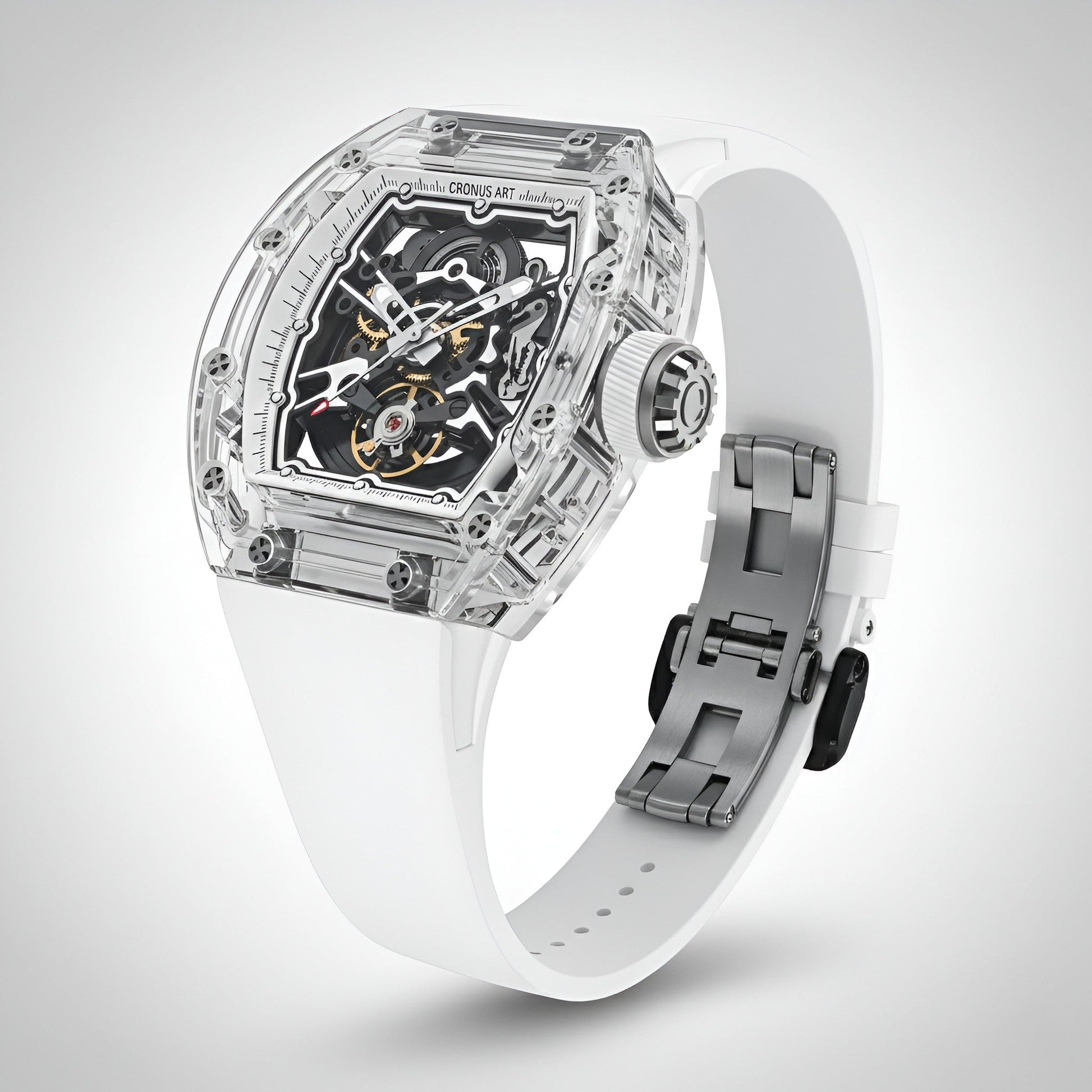 Angled view of Cronusart CM001-039 transparent automatic skeleton watch