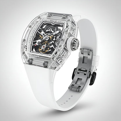 Angled view of Cronusart CM001-039 transparent automatic skeleton watch