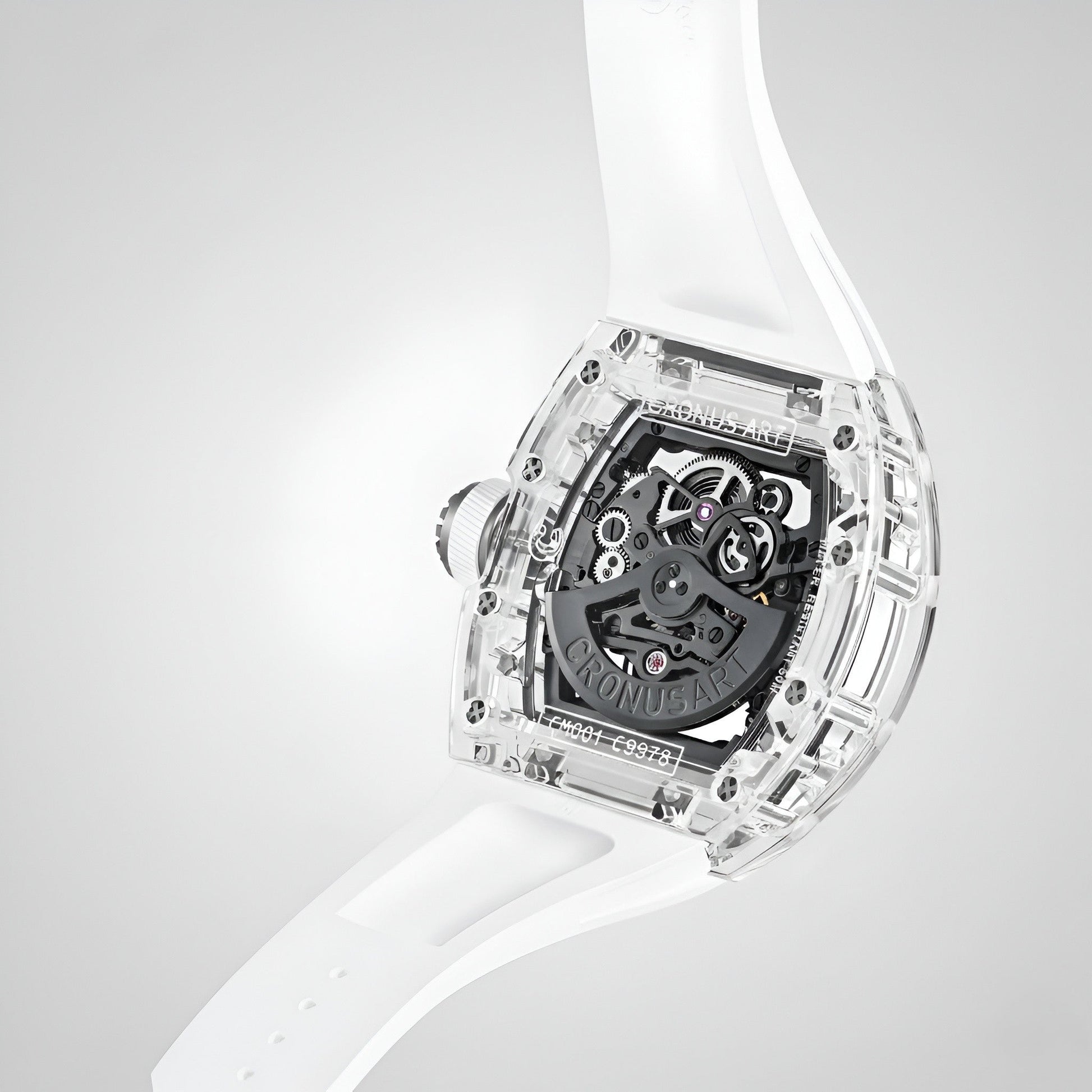 Rear view of Cronusart CM001-039 transparent automatic watch showing movement