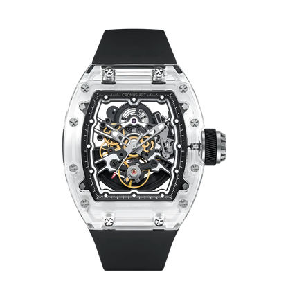 Cronusart CM001-053 - Transparent automatic skeleton watch with clear acrylic tonneau case and black fluororubber strap front view