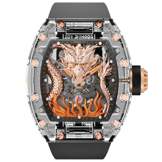 Cronusart CM001-058 - 3D dragon automatic watch with transparent case showing sculpted rose gold dragon and skeleton mechanical movement
