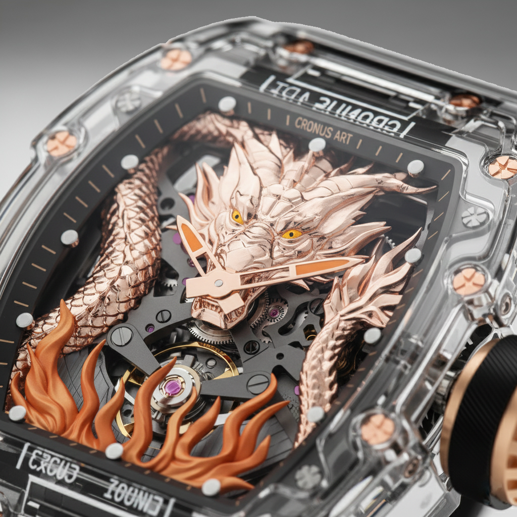 Macro close-up of the Cronusart CM001-058 3D dragon dial showing sculpted dragon relief and skeletonized movement