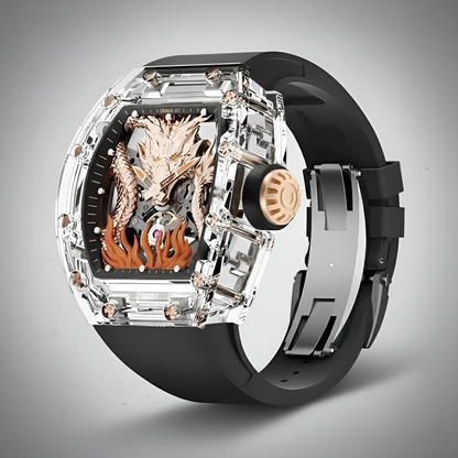 Angled view of the Cronusart CM001-058 3D dragon automatic watch highlighting the transparent case and dragon dial depth
