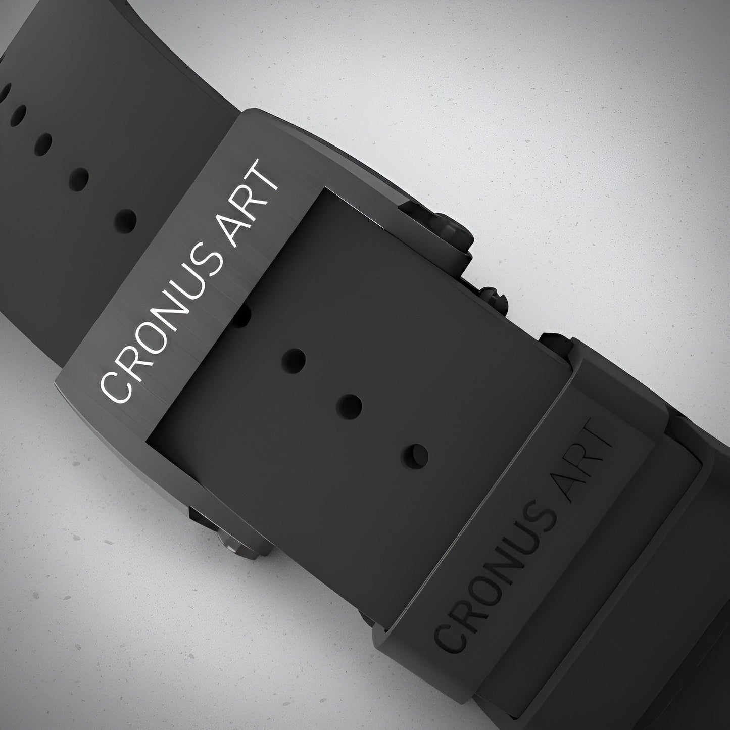 Close-up of the Cronusart CM001-058 fluororubber strap and buckle with CRONUS ART branding