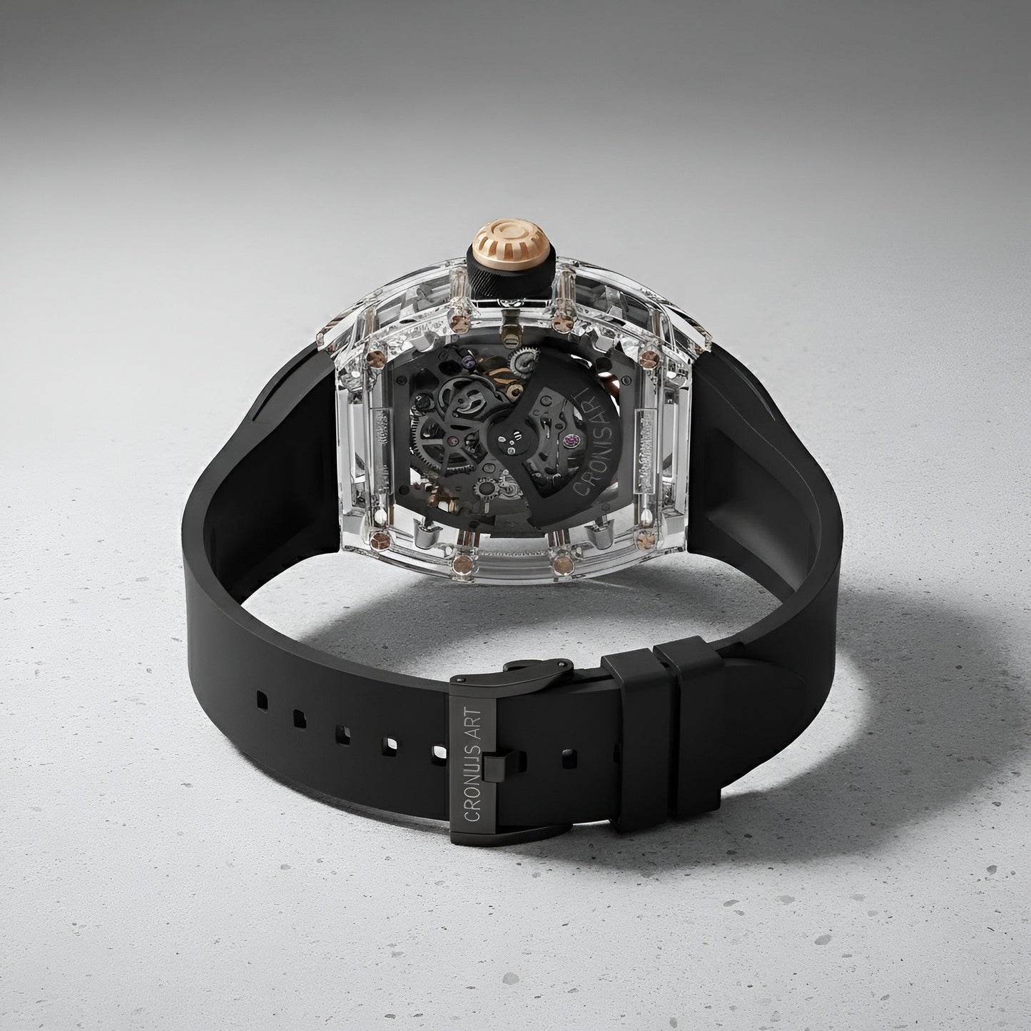 Rear view of the Cronusart CM001-058 transparent case showing the automatic mechanical movement from the back
