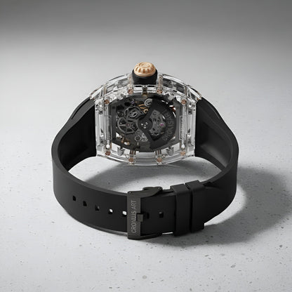 Rear view of the Cronusart CM001-058 transparent case showing the automatic mechanical movement from the back