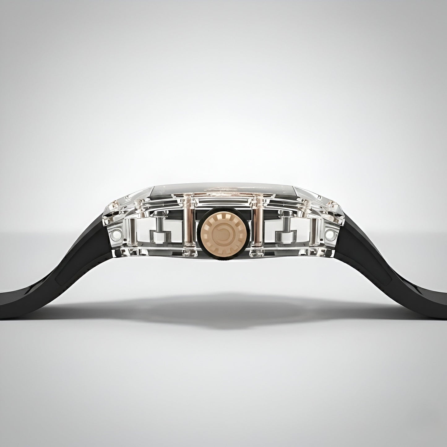 Side profile of the Cronusart CM001-058 automatic watch showing transparent tonneau case thickness and crown detail