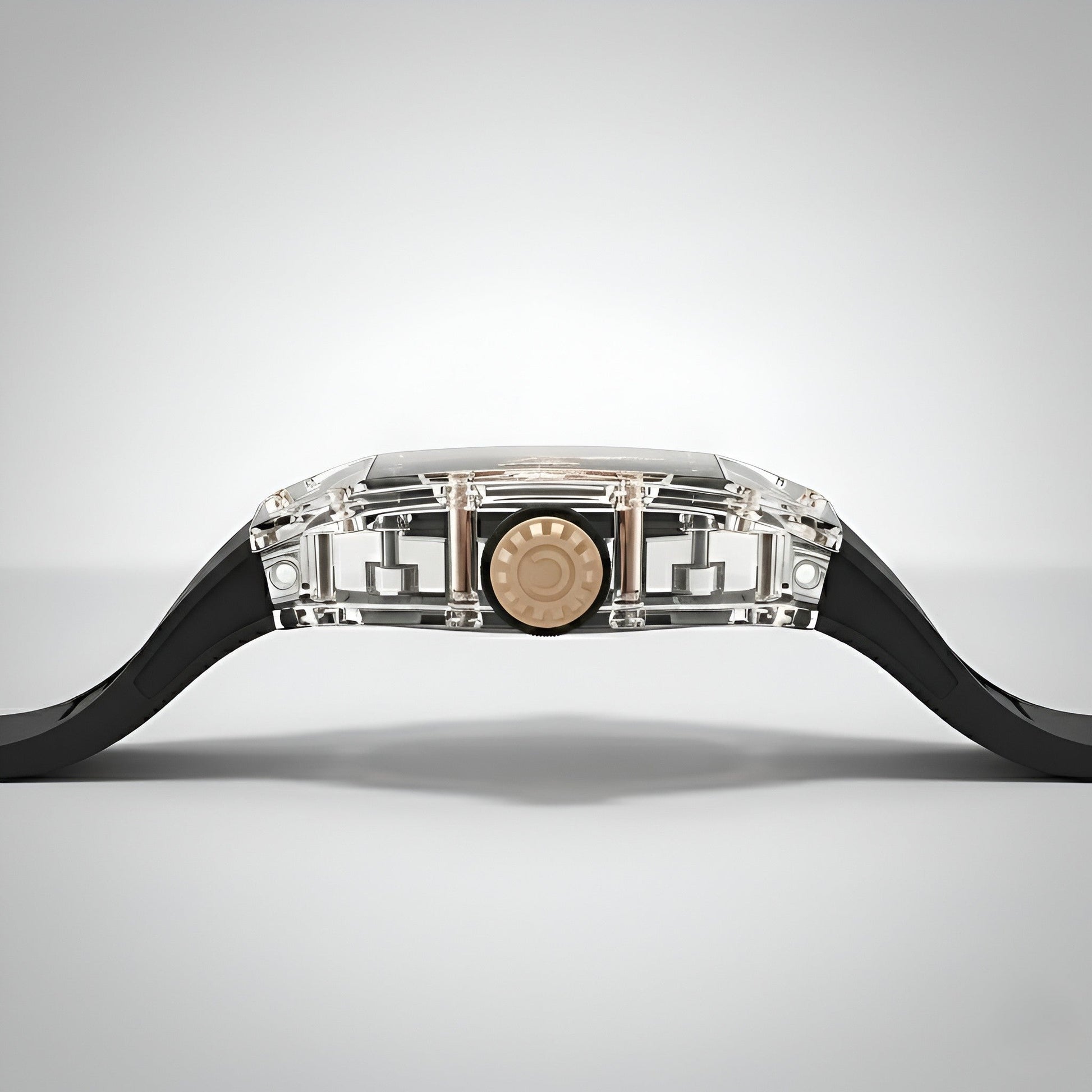 Side profile of the Cronusart CM001-058 automatic watch showing transparent tonneau case thickness and crown detail