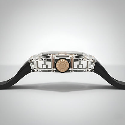 Side profile of the Cronusart CM001-058 automatic watch showing transparent tonneau case thickness and crown detail