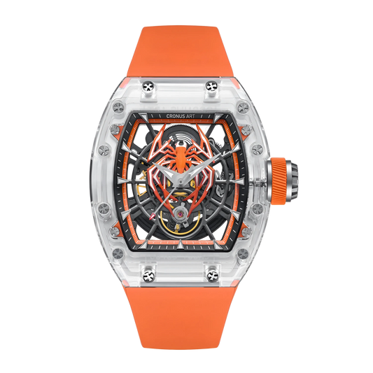 Front view of the CRONUSART CM001-062 men’s automatic watch with transparent tonneau case and orange spider skeleton dial