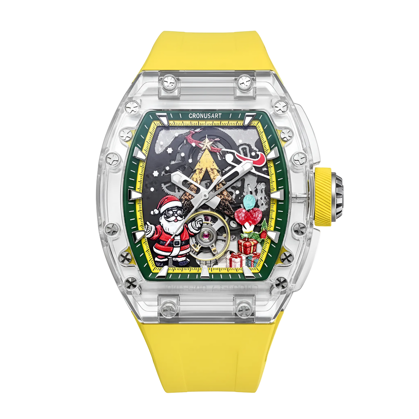 CRONUSART CM001-077 - Transparent Automatic Skeleton Watch with Christmas-themed dial, Santa Claus, gifts, and yellow Fluororubber strap