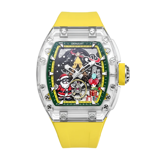 CRONUSART CM001-077 - Transparent Automatic Skeleton Watch with Christmas-themed dial, Santa Claus, gifts, and yellow Fluororubber strap