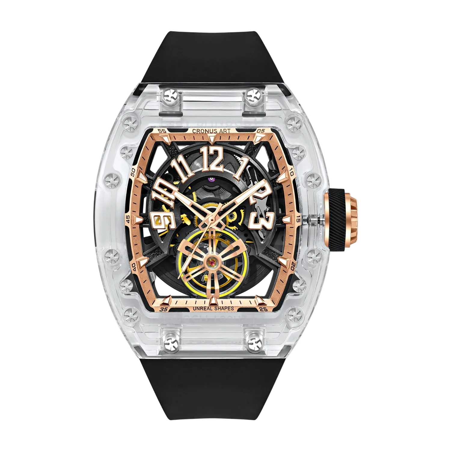 Cronusart CM001-080 - Transparent automatic watch with black fluororubber strap and high transparency acrylic tonneau case