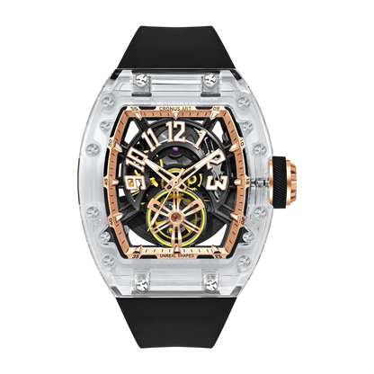 Cronusart CM001-080 - Transparent automatic watch with black fluororubber strap and high transparency acrylic tonneau case