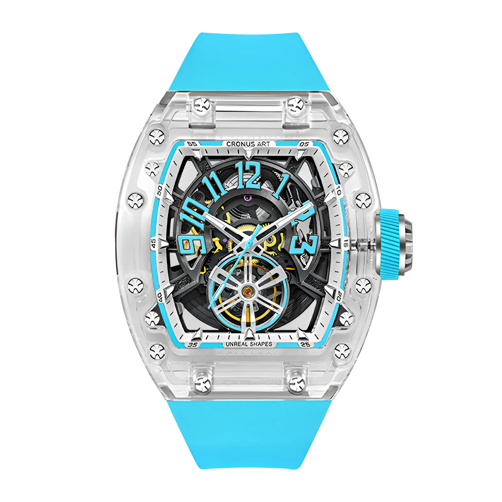 Cronusart CM001-081 - Transparent automatic watch with blue fluororubber strap showcasing acrylic tonneau case and skeleton movement