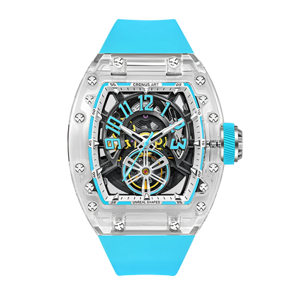 Cronusart CM001-081 - Transparent automatic watch with blue fluororubber strap showcasing acrylic tonneau case and skeleton movement
