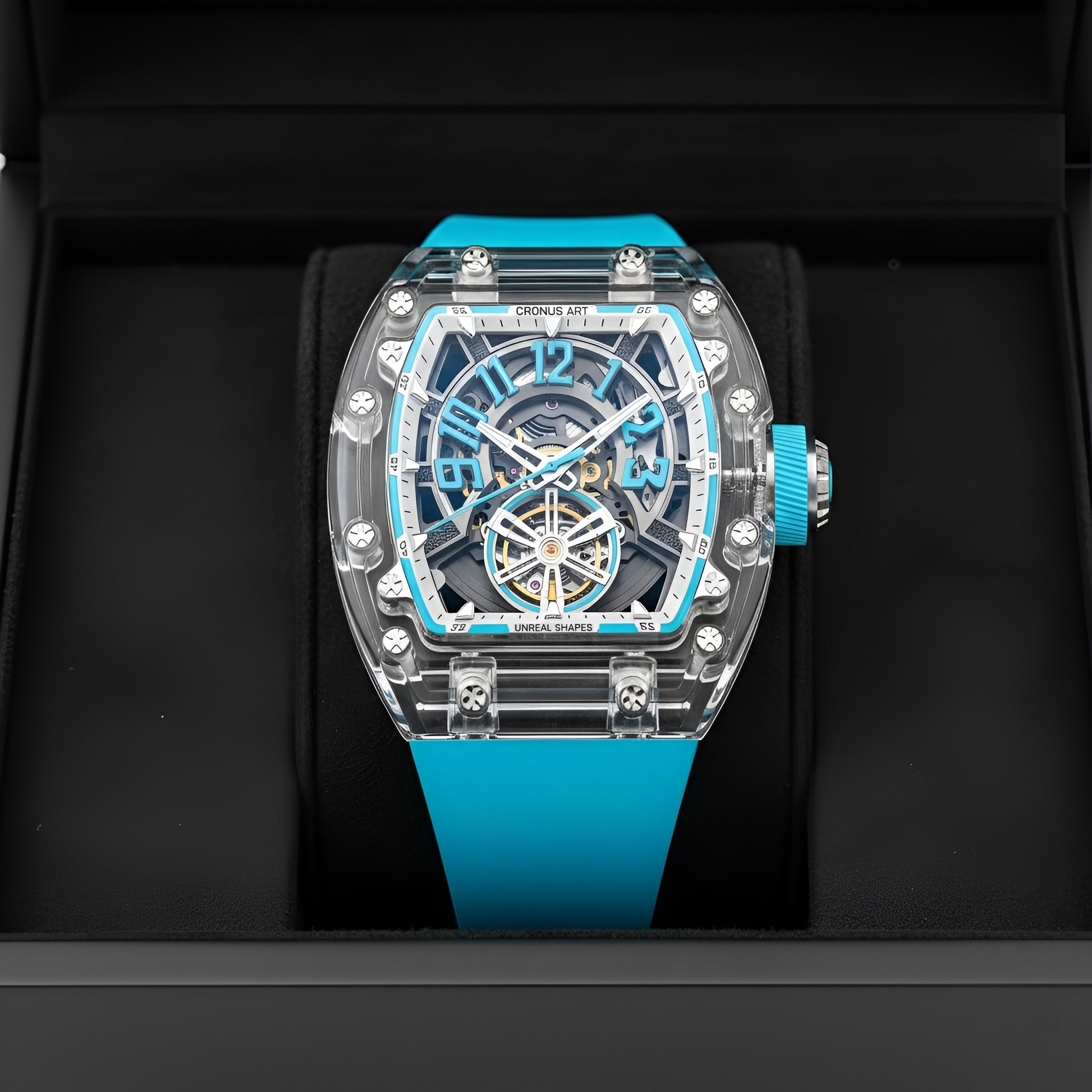 Cronusart CM001-081 Transparent Automatic Watch - Luxury watch in the box with blue strap and transparent case on a black background