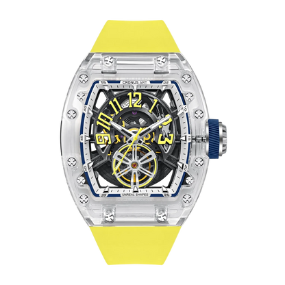 Cronusart CM001-082 - Transparent automatic tonneau watch with yellow fluororubber strap and high clarity acrylic case front view
