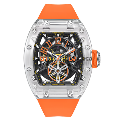 Cronusart CM001-083 - Transparent automatic tonneau watch with orange strap and luminous semi circular dial