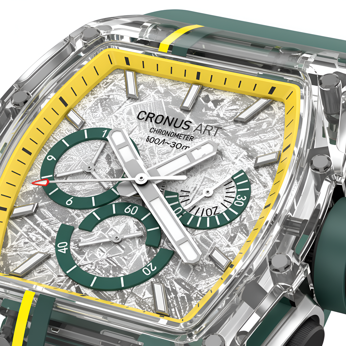 Macro close-up of meteorite dial on Cronusart CM001-10A sapphire automatic chronograph watch
