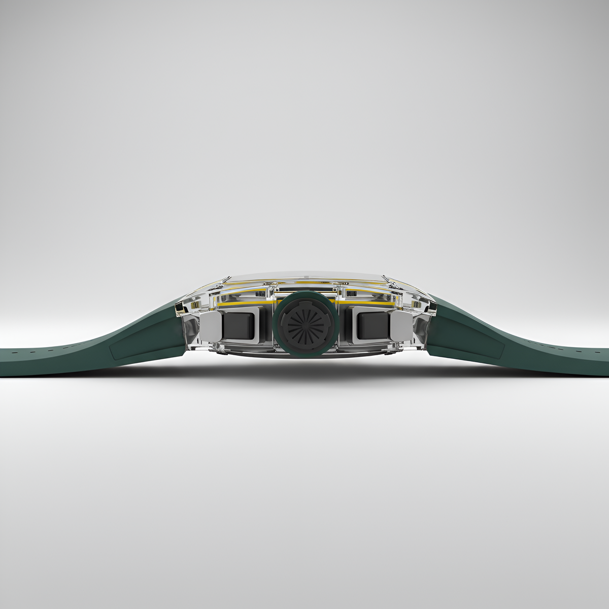 Side profile of Cronusart CM001-10A sapphire chronograph watch showing transparent sapphire case thickness