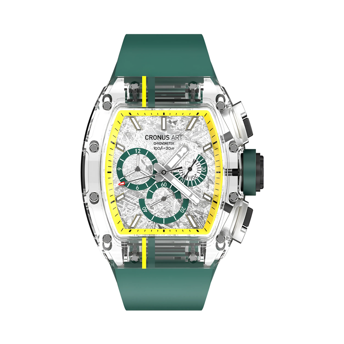 Cronusart CM001-10A - Sapphire chronograph watch with meteorite dial, transparent case, green fluororubber strap, front view