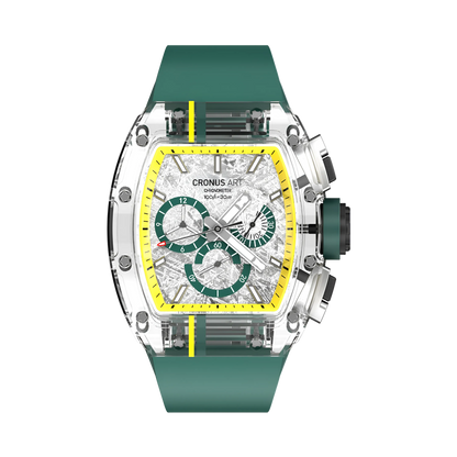 Cronusart CM001-10A - Sapphire chronograph watch with meteorite dial, transparent case, green fluororubber strap, front view