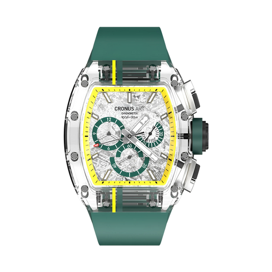 Cronusart CM001-10A - Sapphire chronograph watch with meteorite dial, transparent case, green fluororubber strap, front view