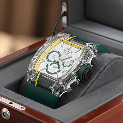 Cronusart CM001-10A sapphire chronograph watch with meteorite dial displayed in luxury presentation box