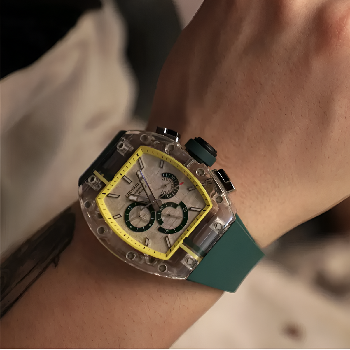 Cronusart CM001-10A - Sapphire chronograph watch with meteorite dial worn on wrist in lifestyle hand close up