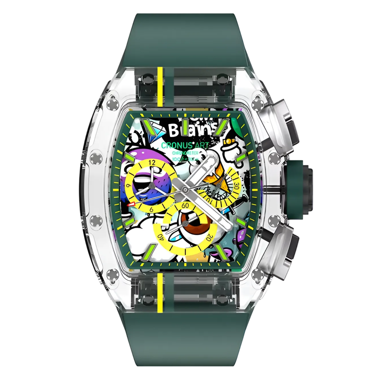 Cronusart CM001-10B - Sapphire chronograph watch with transparent case, graffiti skeleton dial, and green rubber strap, front view