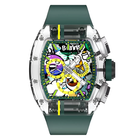 Cronusart CM001-10B - Sapphire chronograph watch with transparent case, graffiti skeleton dial, and green rubber strap, front view