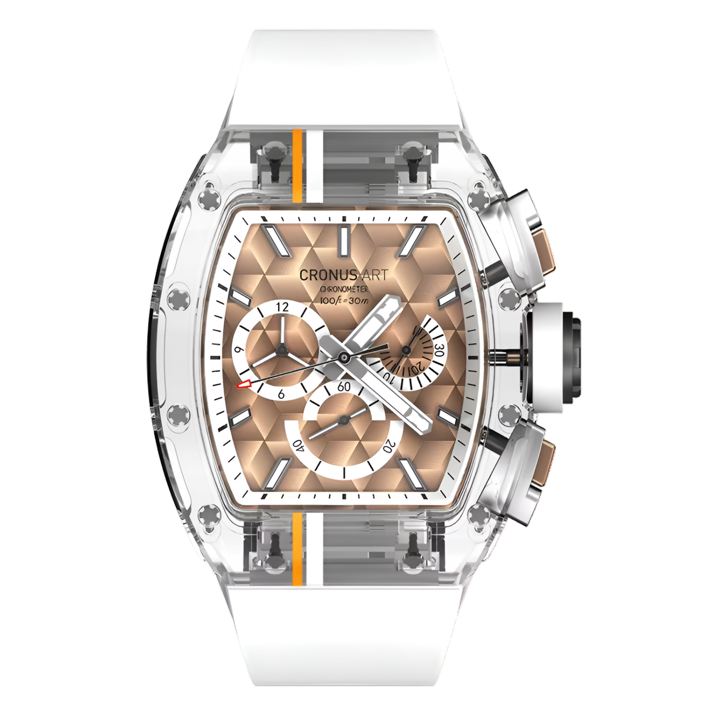 Cronusart CM001-10C - Sapphire chronograph watch with transparent case and gold geometric dial, front view
