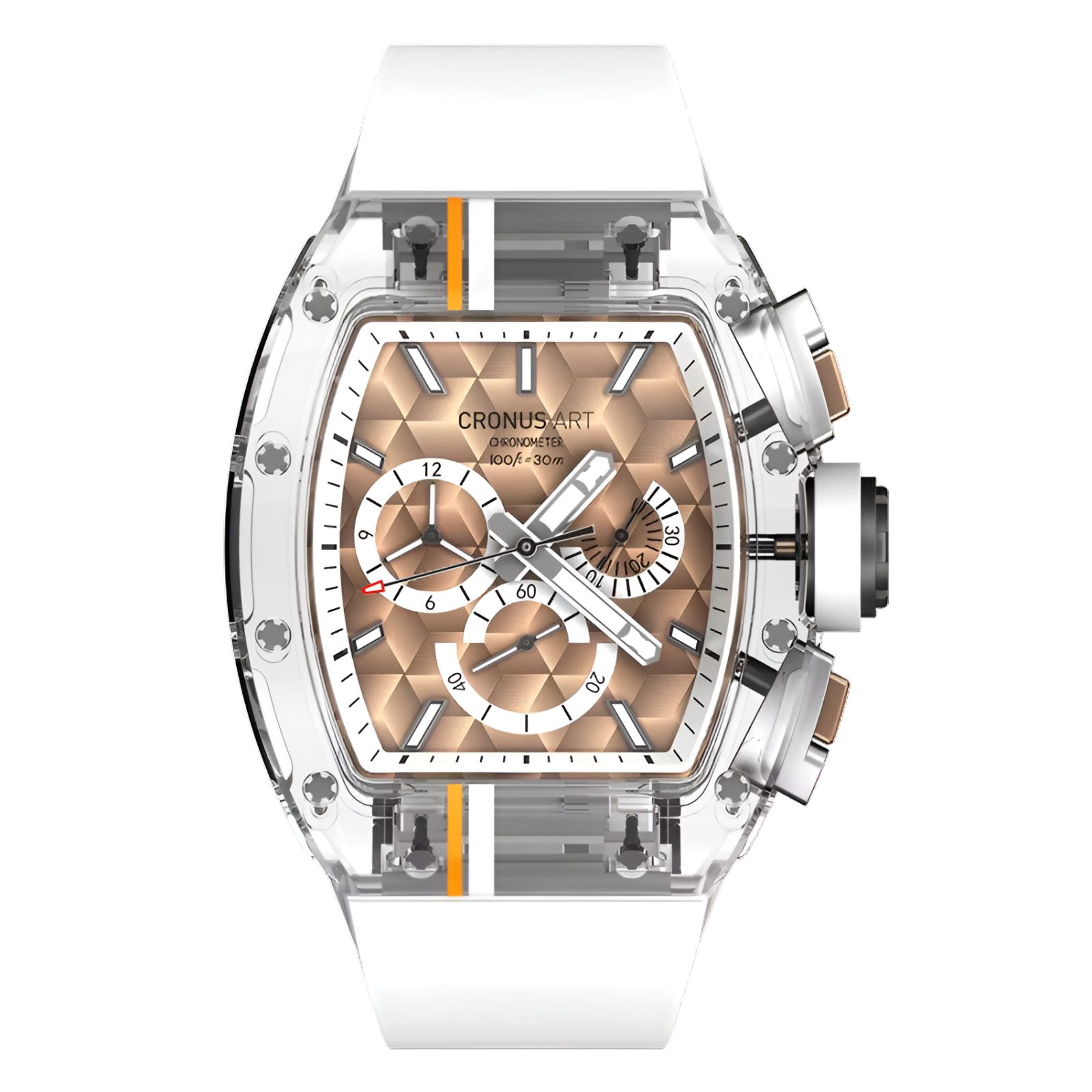 Cronusart CM001-10C - Sapphire chronograph watch with transparent case and gold geometric dial, front view