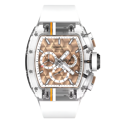 Cronusart CM001-10C - Sapphire chronograph watch with transparent case and gold geometric dial, front view