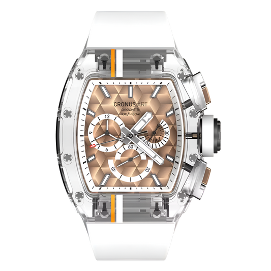 Cronusart CM001-10C - Sapphire chronograph watch with transparent case and gold geometric dial, front view