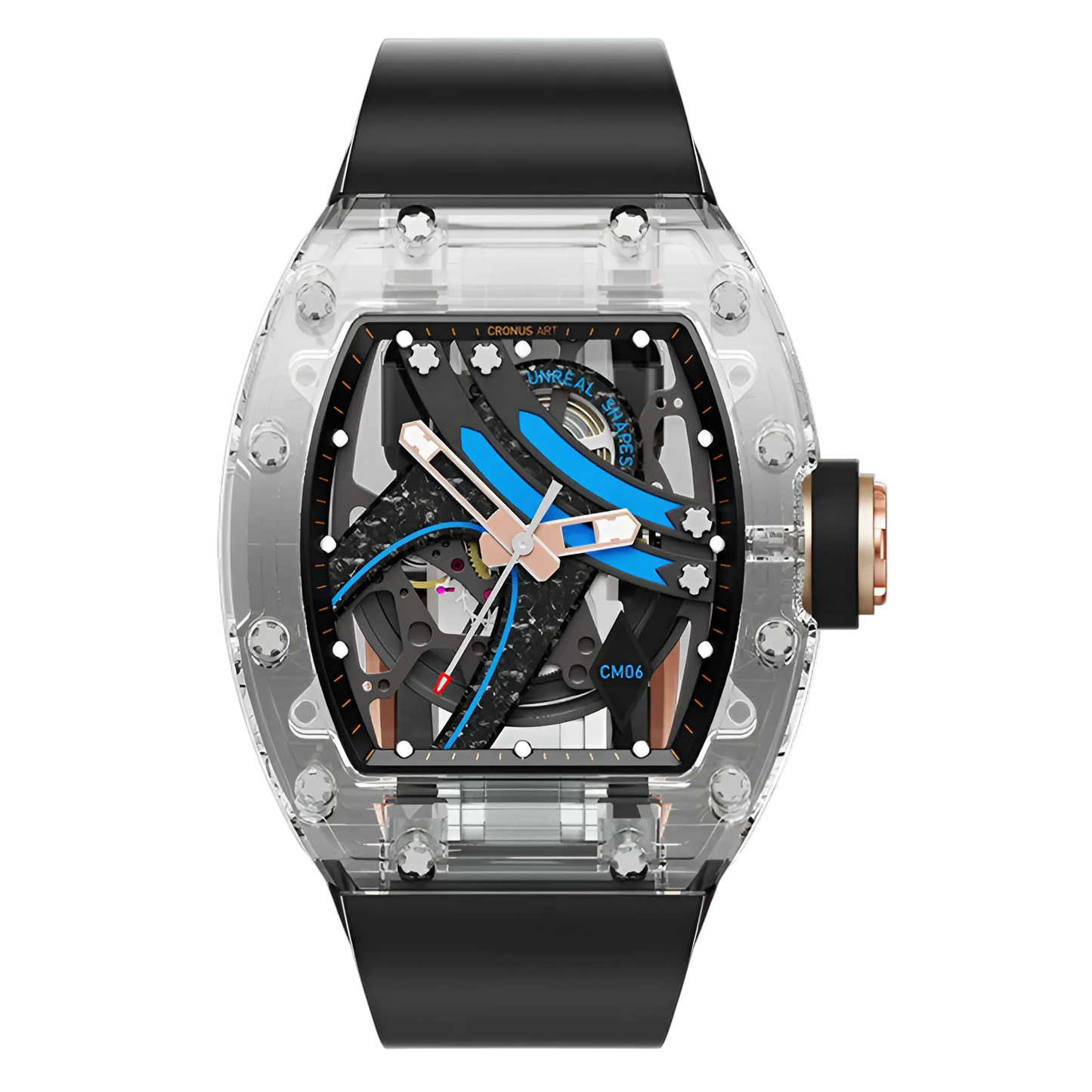Cronusart CM001-16S - Transparent Automatic Watch Rainbow Edition with blue accents and skeleton movement, front view on black strap