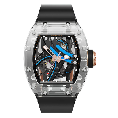 Cronusart CM001-16S - Transparent Automatic Watch Rainbow Edition with blue accents and skeleton movement, front view on black strap