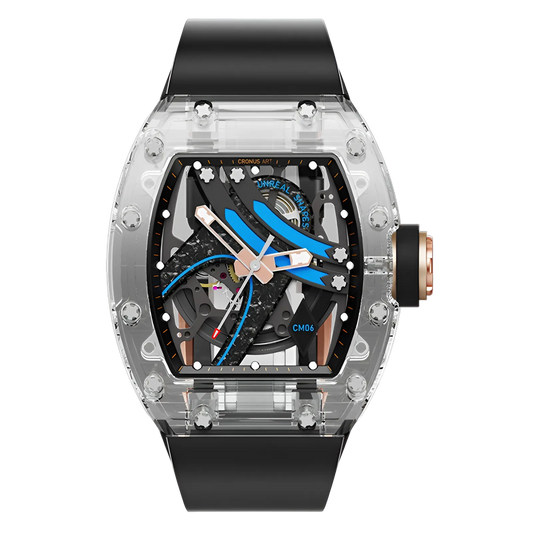 Cronusart CM001-16S - Transparent Automatic Watch Rainbow Edition with blue accents and skeleton movement, front view on black strap
