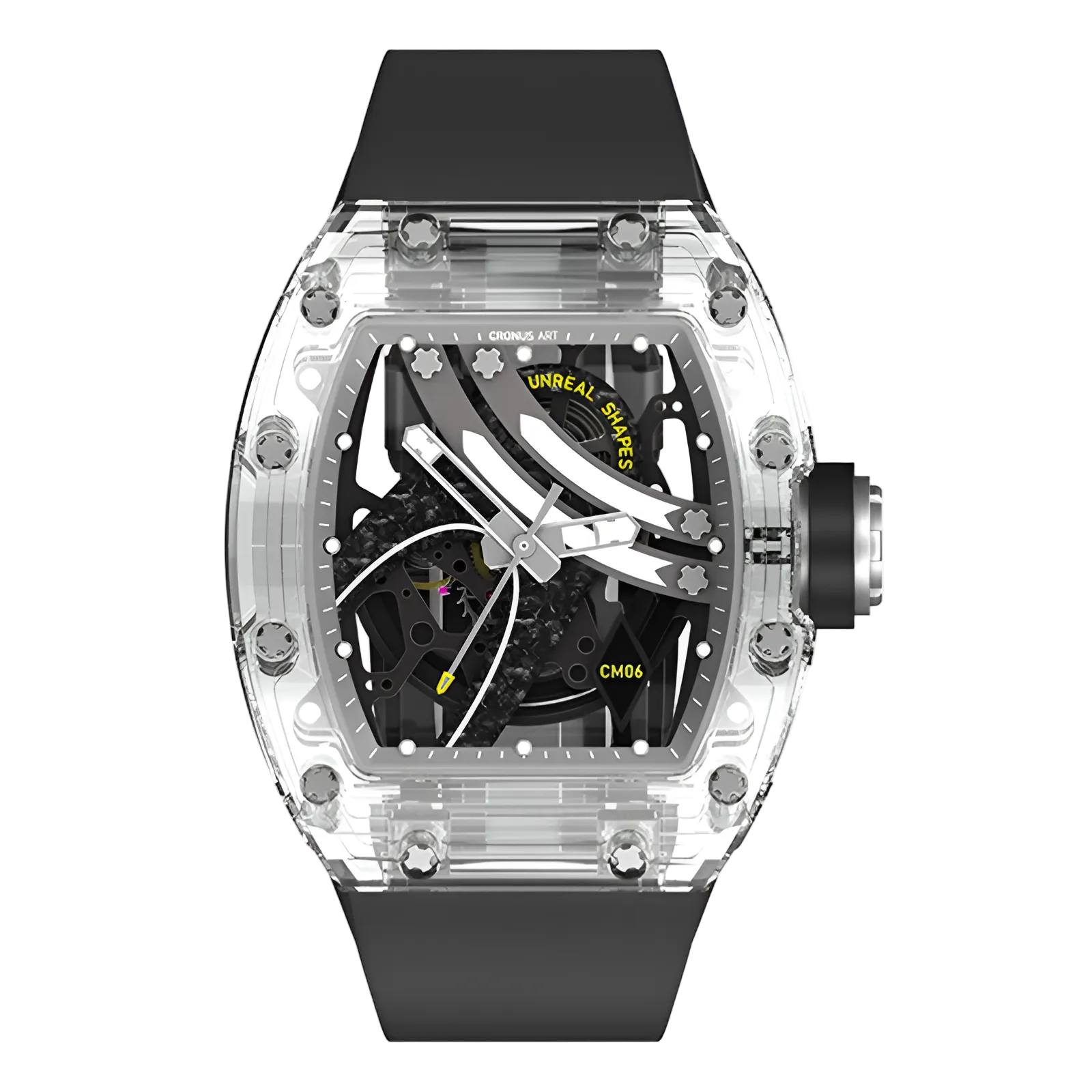 Cronusart CM001-16S - Transparent Automatic Watch Rainbow Edition with monochrome skeleton dial, front view on black strap