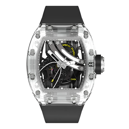 Cronusart CM001-16S - Transparent Automatic Watch Rainbow Edition with monochrome skeleton dial, front view on black strap