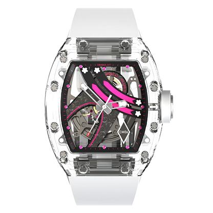 Cronusart CM001-16S - Transparent Automatic Watch Rainbow Edition with pink accents and skeleton dial, front view on white strap