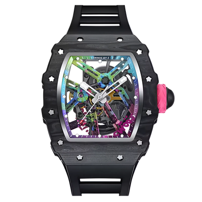 Cronusart CM002-017 men automatic watch with NTPT carbon tonneau case, skeleton dial with graffiti black high-beat mechanical movement and fluororubber strap