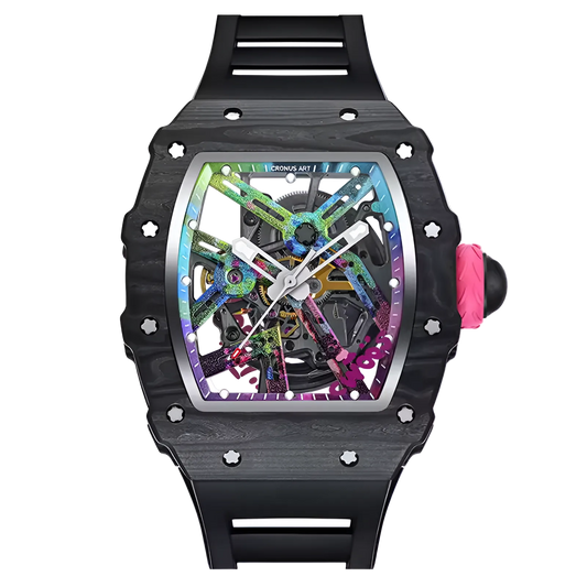 Cronusart CM002-017 men automatic watch with NTPT carbon tonneau case, skeleton dial with graffiti black high-beat mechanical movement and fluororubber strap